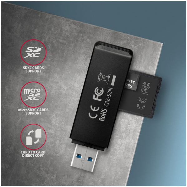 Axagon CRE-S2N SD/microSD kártyaolvasó USB 3.2 csatlakozással #3