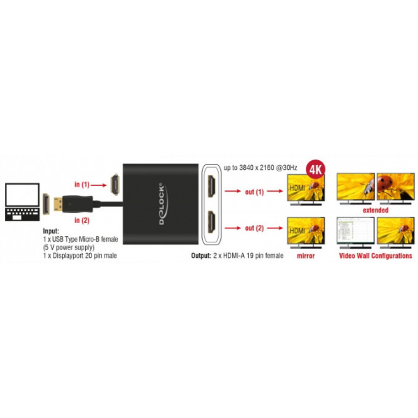 Delock DisplayPort elosztó - 1x DisplayPort > 2x HDMI 4K 30 Hz #3