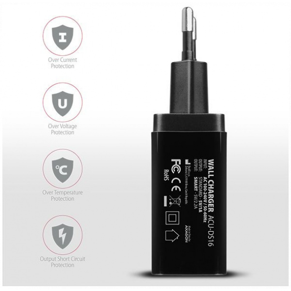 Axagon 220V-os Dual USB fali töltő (1x 2,2A Smart port + 1x 1A USB port) #5