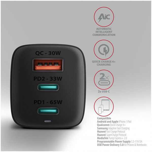 Axagon 220V-os USB-s fali gyorstöltő (1x QC4.0 + 2x PD USB-C port) #4