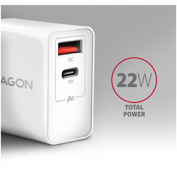 Axagon 220V-os USB-s fali gyorstöltő (1x QC3.0 + 1x PD USB-C port) fehér #2