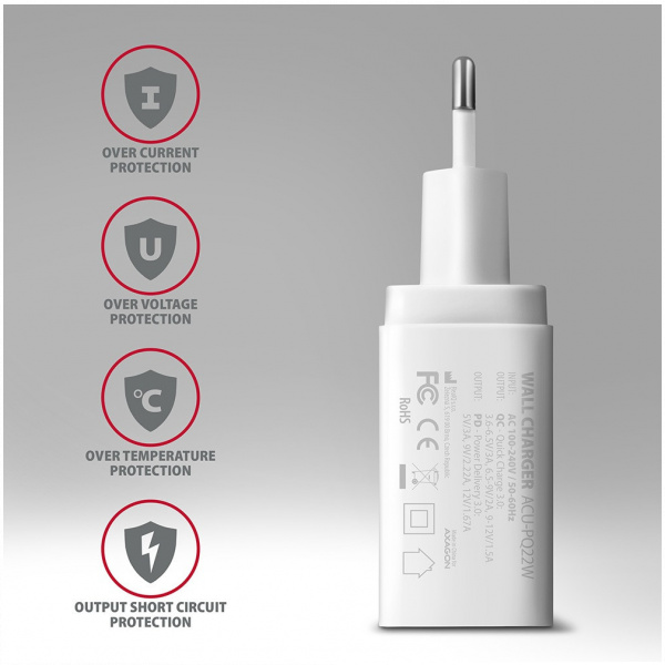 Axagon 220V-os USB-s fali gyorstöltő (1x QC3.0 + 1x PD USB-C port) fehér #5