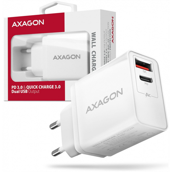 Axagon 220V-os USB-s fali gyorstöltő (1x QC3.0 + 1x PD USB-C port) fehér #6