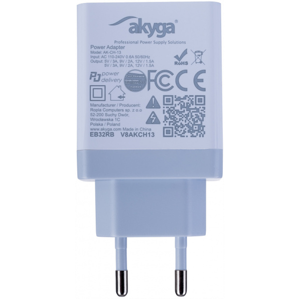 Akyga USB-A + USB-C gyorstöltő Quick Charge 3.0 funkcióval (220V), max 36W #3