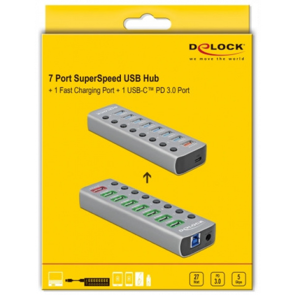 Delock USB 3.2 HUB 7 porttal, 1 gyorstöltő porttal, 1 USB-C™ PD 3.0 porttal #6