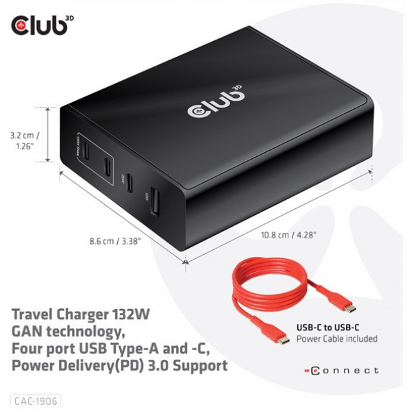 Club3D CAC-1906 4-port USB-A/C 132W GaN gyorstöltő PD3.0 támogatással #5