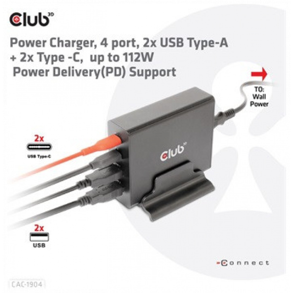 Club3D CAC-1904 4-port (2x USB-A, 2x USB-C) 112W Power Charger töltő #2