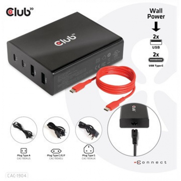 Club3D CAC-1904 4-port (2x USB-A, 2x USB-C) 112W Power Charger töltő #3