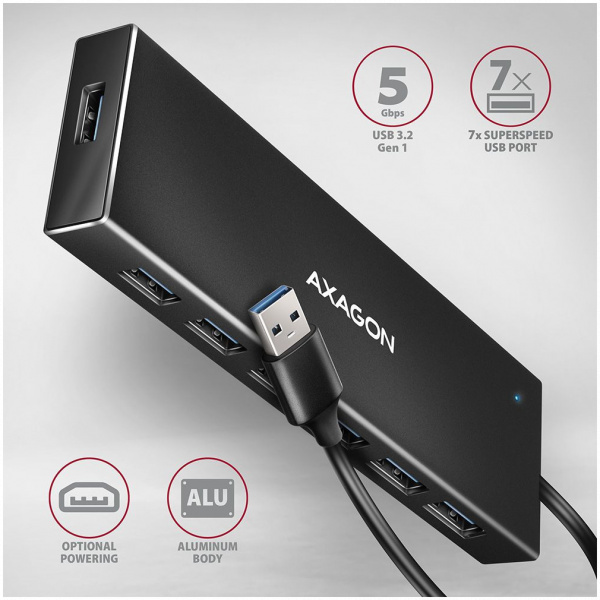 7-portos USB HUB Axagon HUE-F7A (USB 3.2) Type-A csatlakozóval, 1m kábellel #2