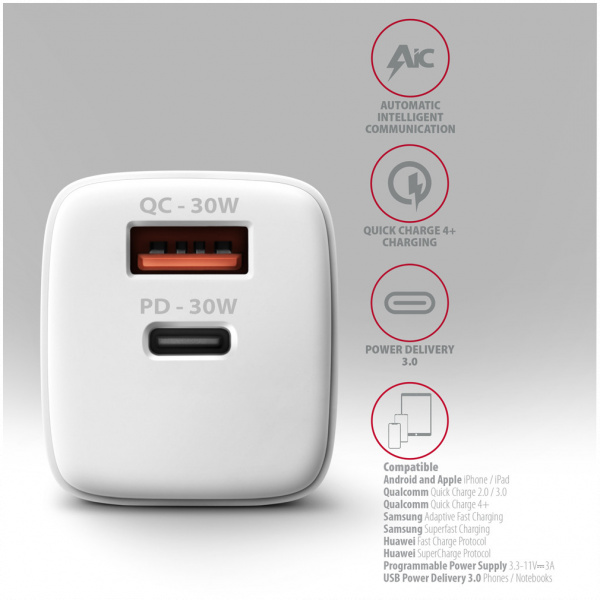 Axagon 220V-os USB-s fali gyorstöltő (1x QC3 USB + 1x PD3.0 USB-C) 30W fehér #6
