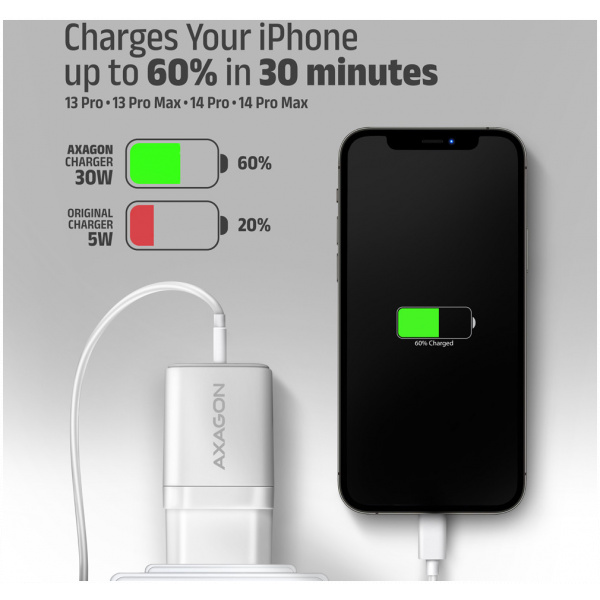 Axagon 220V-os USB-s fali gyorstöltő (1x QC3 USB + 1x PD3.0 USB-C) 30W fehér #7