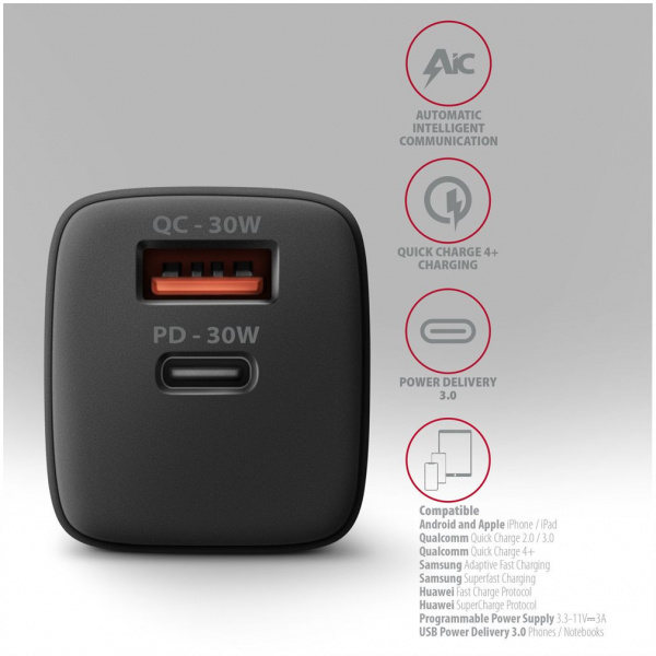 Axagon 220V-os USB-s fali gyorstöltő (1x QC3 USB + 1x PD3.0 USB-C) 30W fekete #4