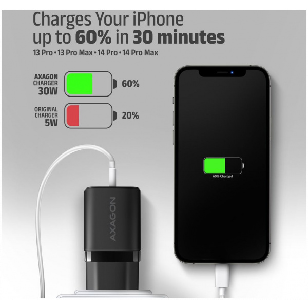 Axagon 220V-os USB-s fali gyorstöltő (1x QC3 USB + 1x PD3.0 USB-C) 30W fekete #6