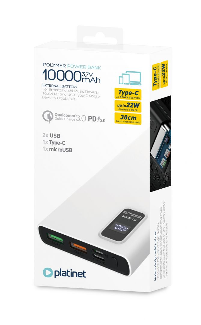 Platinet PowerBank 10000 mAh akkumulátor kijelzővel, QC (fehér) #3