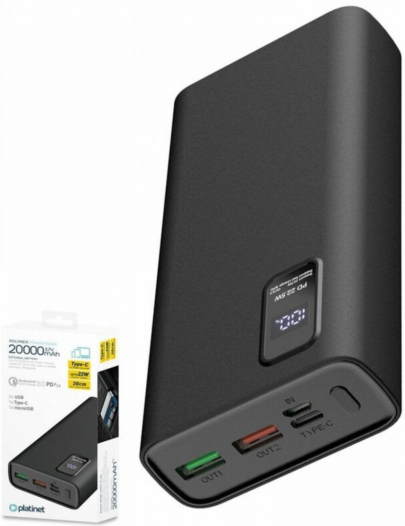 Platinet PowerBank 20000 mAh akkumulátor kijelzővel, QC (fekete) #2