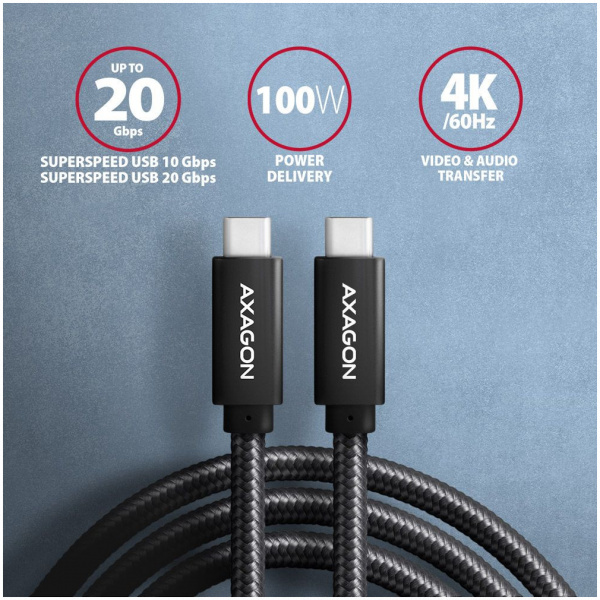 Axagon USB 3.2 C – C adat- és töltőkábel (4K Ultra HD videó, PD 100W, 5A) 2m NEW #2