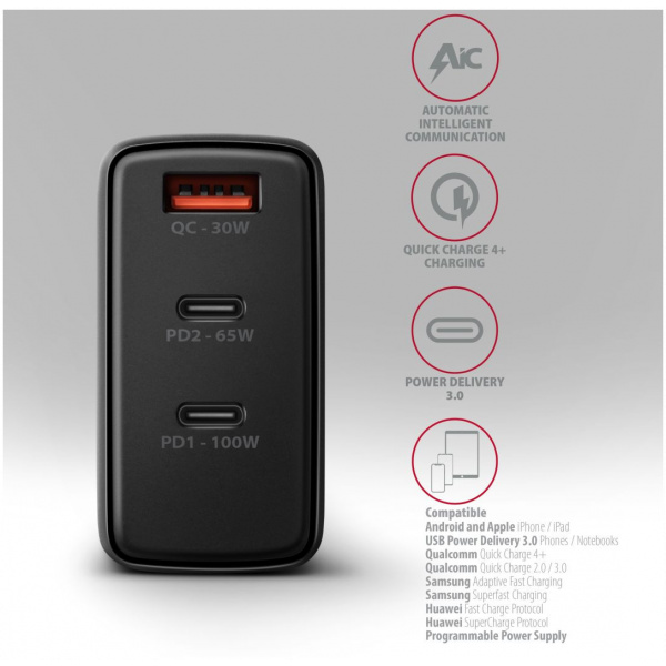 Axagon 220V-os USB-s fali gyorstöltő (1x QC3 USB + 2x PD3.0 USB-C port) 100W #6