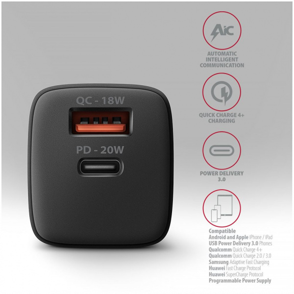 Axagon 220V-os USB-s fali gyorstöltő (1x QC3 USB + 1x PD3.0 USB-C port) 20W #3