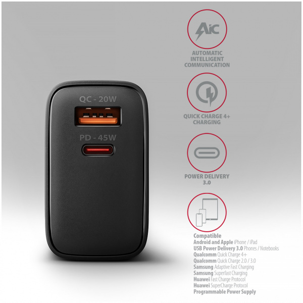 Axagon 220V-os USB-s fali gyorstöltő (1x QC3 USB + 1x PD3.0 USB-C port) 45W #2