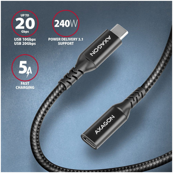 Axagon USB 3.2 C – C hosszabbító kábel (8K 60Hz, PD 240W, 20Gbps) 1m NEW #2