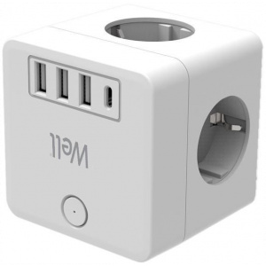220V-os Powercube elosztó 4 aljzattal, 3 USB-A, 1 USB-C, túlfeszvédett - Well #2