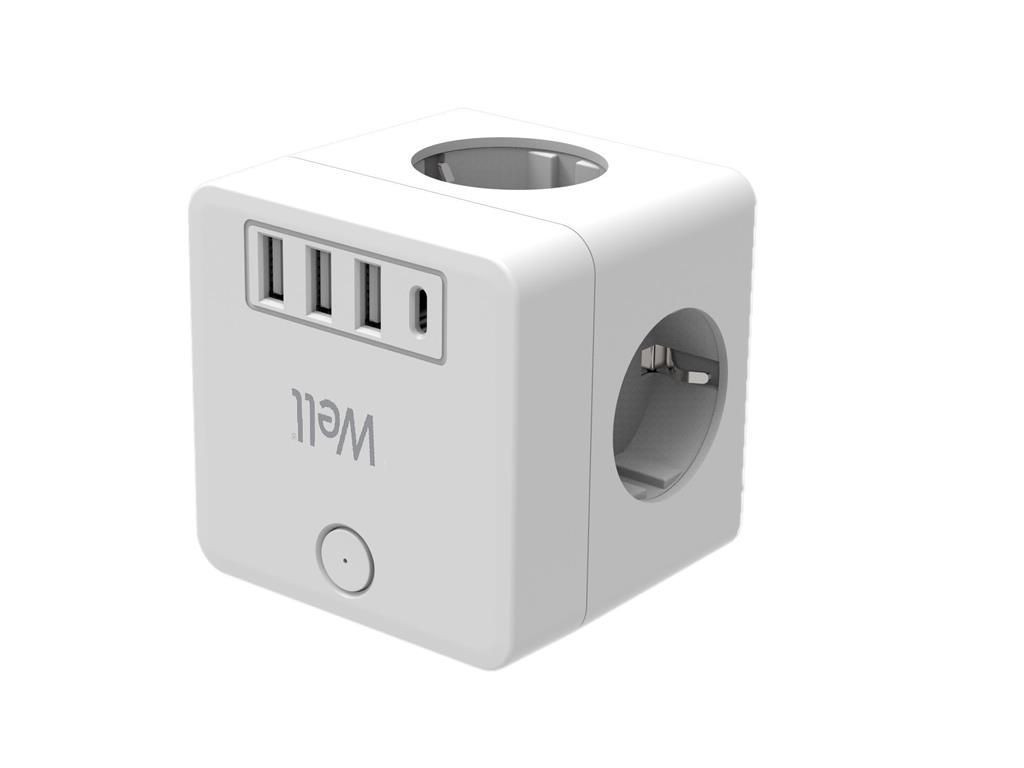 220V-os Powercube elosztó 4 aljzattal, 3 USB-A, 1 USB-C, túlfeszvédett - Well #2