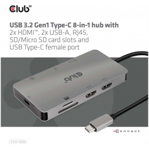 Club3D USB3.2 Type-C 8-in-1 USB dokkoló (2xHDMI, 2xUSB-A, RJ45, SD/Micro SD) #2