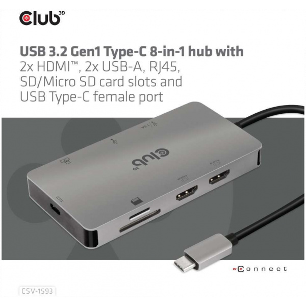 Club3D USB3.2 Type-C 8-in-1 USB dokkoló (2xHDMI, 2xUSB-A, RJ45, SD/Micro SD) #2