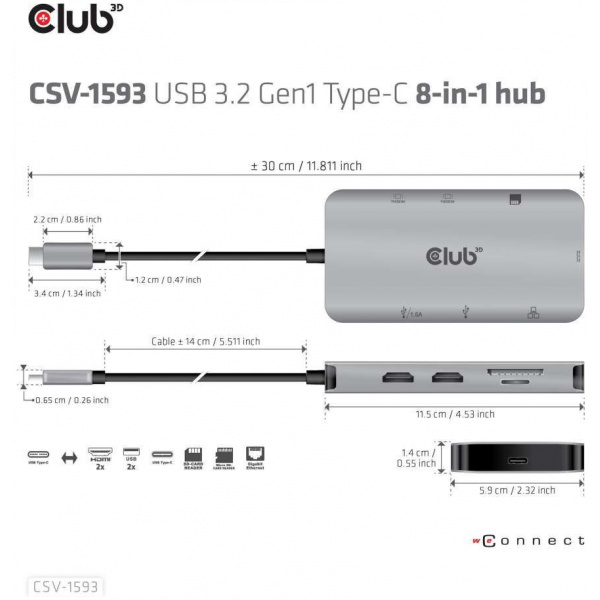 Club3D USB3.2 Type-C 8-in-1 USB dokkoló (2xHDMI, 2xUSB-A, RJ45, SD/Micro SD) #5