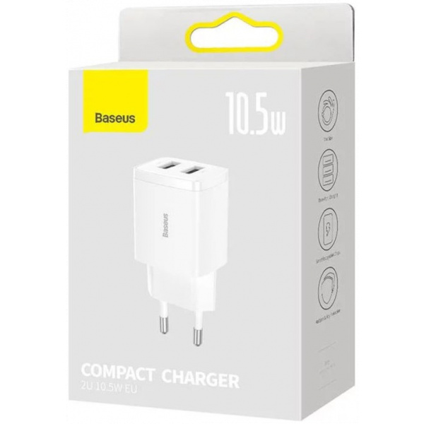 Baseus 2x USB-A Compact hálózati gyorstöltő (220V), max 10,5W, fehér #3