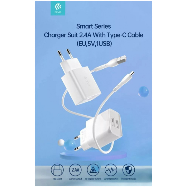 Devia Smart Series USB-s töltő 2 porttal, 1m USB-C kábellel, 2,4A (220V) #2