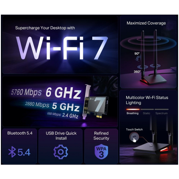 TP-Link BE9300 Wi-Fi 7 Bluetooth 5.4 PCIe hálókártya Archer TBE550E #4