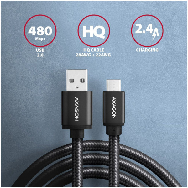 Axagon HQ USB 2.0 (A) – micro USB (B) szövetes kábel, 2m #2