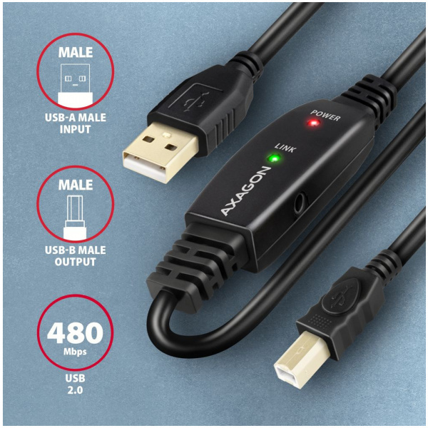 Axagon ADR-210B USB 2.0 A/B extender kábel, aktív 10m #2