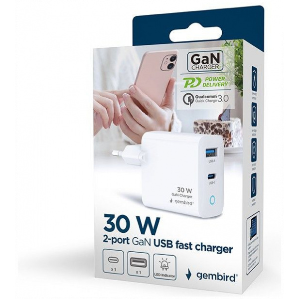 Gembird 30W-os USB-A + USB-C GaN gyorstöltő QC 3.0 és PD funkcióval (220V) #3