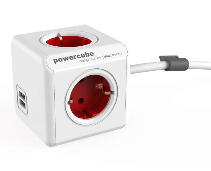 220V-os PowerCube Extended USB DE elosztó (4 aljzat + 2 USB, 1,5m) piros #1