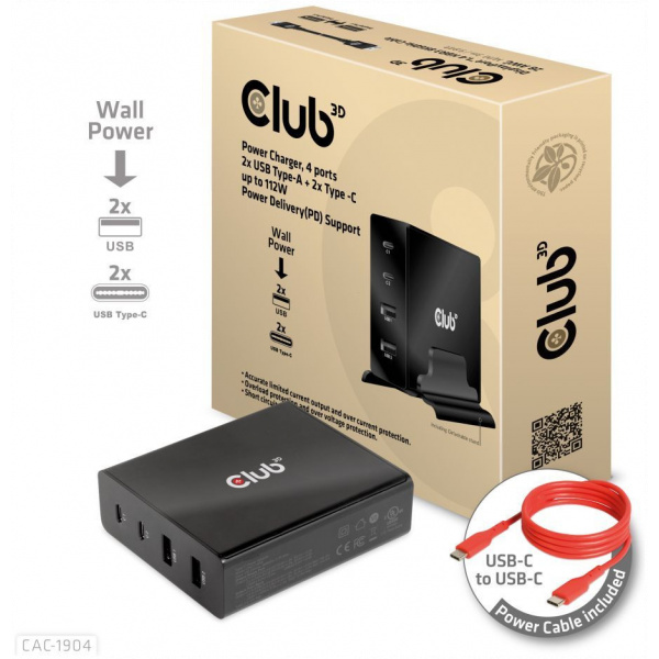 Club3D CAC-1904 4-port (2x USB-A, 2x USB-C) 112W Power Charger töltő #1