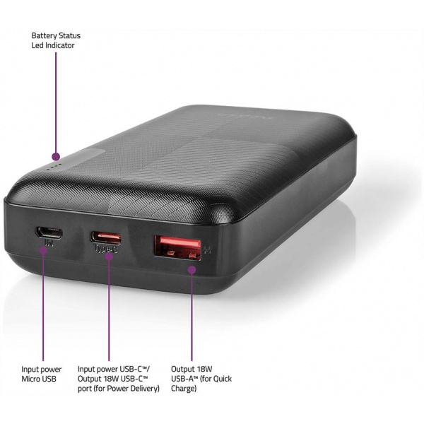 Nedis Powerbank 20000 mAh - USB-A, USB-C, PD 2.0 15W (fekete) #5