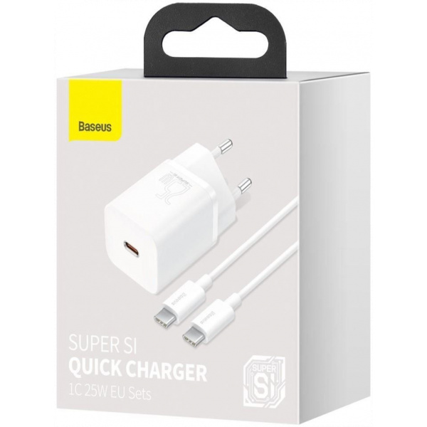 Baseus Super Si USB-C hálózati gyorstöltő 1m kábellel (220V), max 25W, fehér #1