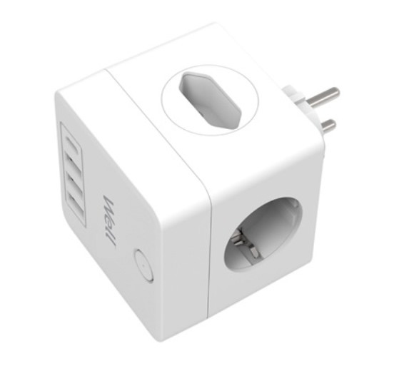 220V-os Powercube elosztó 4 aljzattal, 3 USB-A, 1 USB-C, túlfeszvédett - Well #1