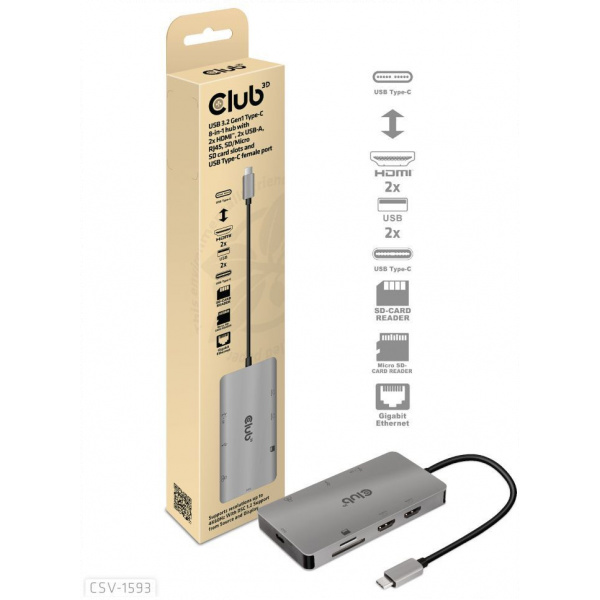 Club3D USB3.2 Type-C 8-in-1 USB dokkoló (2xHDMI, 2xUSB-A, RJ45, SD/Micro SD) #1
