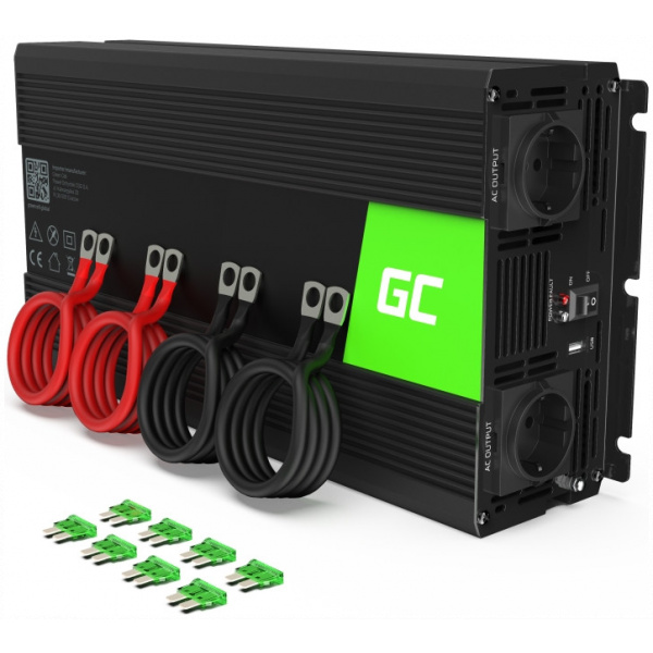Green Cell autós inverter 2x Schuko + USB, 12V DC > 230V AC (2000W) - szinusz #1