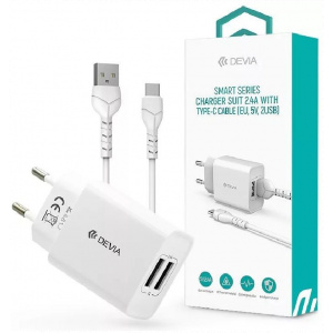 Devia Smart Series USB-s töltő 2 porttal, 1m USB-C kábellel, 2,4A (220V) #1