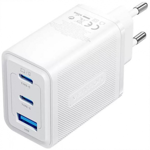 Vention 65W USB-s hálózati GaN töltő (2x USB-C, 1x USB-A) fehér NEW #1