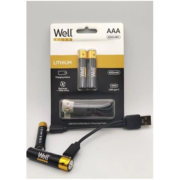 Well újratölthető Lithium akku AAA (mikro ceruza) 400 mAh (2db) USB-C kábellel #1