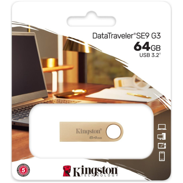 64GB Kingston USB 3.2 Gen 1 DataTraveler SE9 G3 Pendrive (Gold) #3