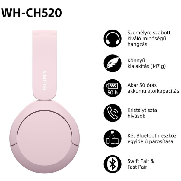 Sony WHCH520 vezeték nélküli Bluetooth fejhallgató (rózsaszín) #7