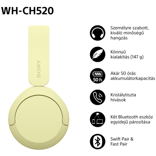 Sony WHCH520 vezeték nélküli Bluetooth fejhallgató (sárga) #7