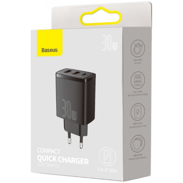Baseus 2x USB-A + USB-C gyorstöltő QC és PD funkcióval (220V), max 30W fekete #4
