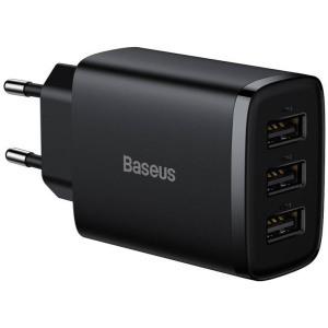 Baseus kompakt hálózati gyorstöltő 3x USB-A port (220V), max 17W, fekete #1